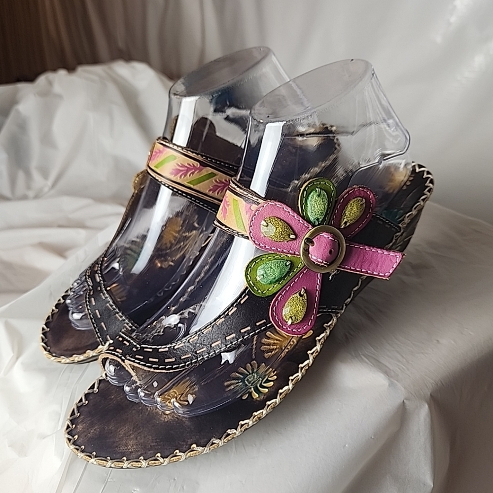 Spring Step Botanical Sandals EU 39 US 8.5 Hand Painted Leather Floral Boho